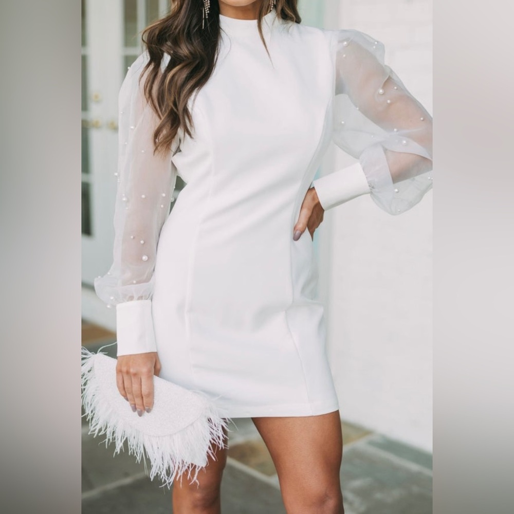 Pearl Embellished Mock Neck Dress